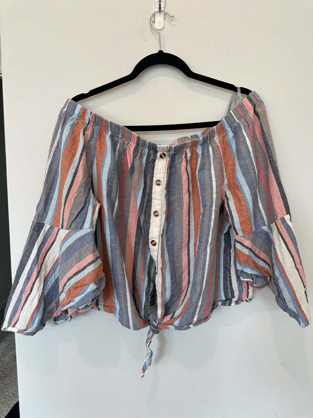 MLLE Off The Shoulder Striped Button Front Tie Hem Blouse 2X - Picture 2 of 6